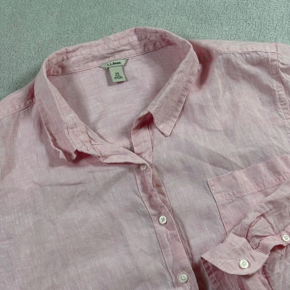 LL Bean Womens 3X Plus Pink Linen Button Down Shirt Long Sleeve Pocket‎ Top